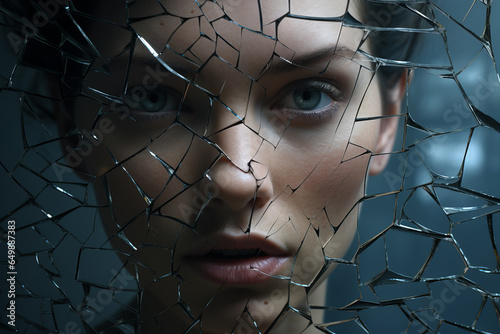 Beautiful Girl Head Shot with Broken Glass on Face