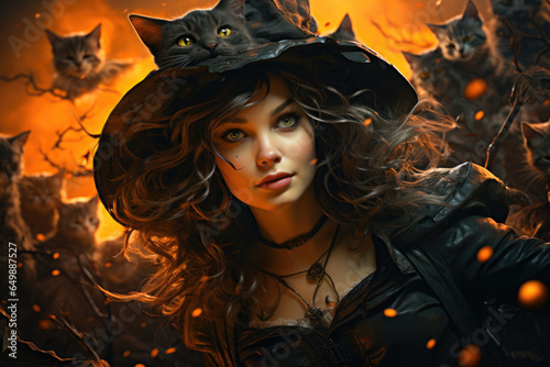 Young witch flying among fire and black cats.