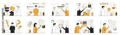 Business scene set. Big set. Collection of scenes with men and women. HR specialist, data analytic,check list, new idea,FAQ, tax. Business people in different situation. Vector illustration.