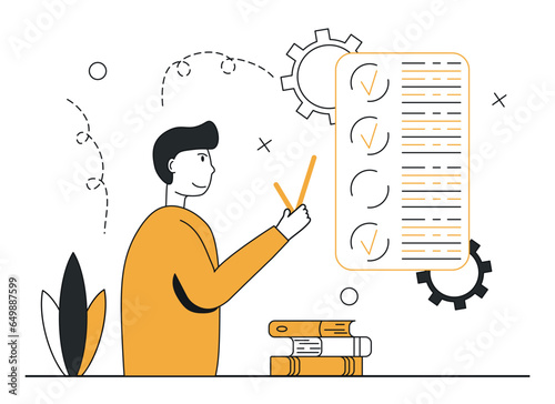 Checklist scene.A young man fills out a checklist. Concept of completed work, checklist, to-do list with checkboxes.Vector illustration.