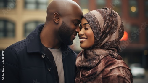 portrait, a young Muslim couple showcases their affectionate bond, exemplifying the beauty of diverse and loving relationships