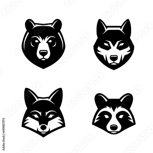 Fototapeta Naklejka Na Ścianę i Meble -  Bear, wolf, fox and raccoon face icon or logo set. Wild animals head symbols.