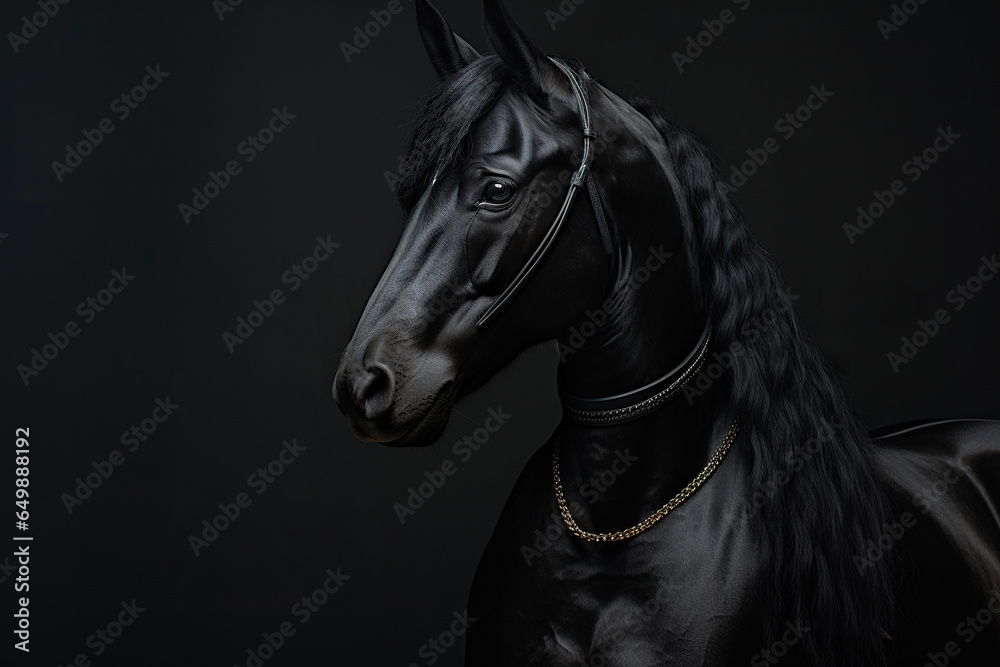 A black horse head and neck on black background