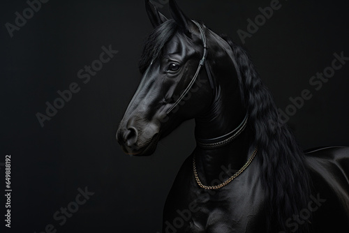 A black horse head and neck on black background © wolfhound911