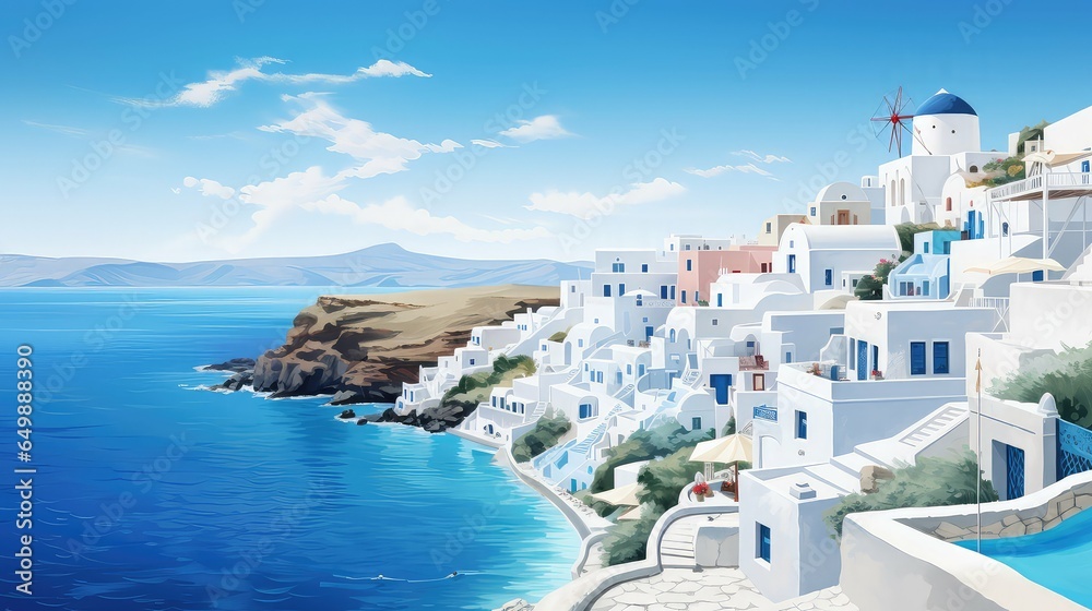 Obraz premium landscape greek island retreats illustration sea europe, beautiful mediterranean, greece summer landscape greek island retreats