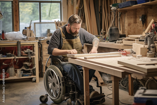 Man with disability working in carpenter shop 