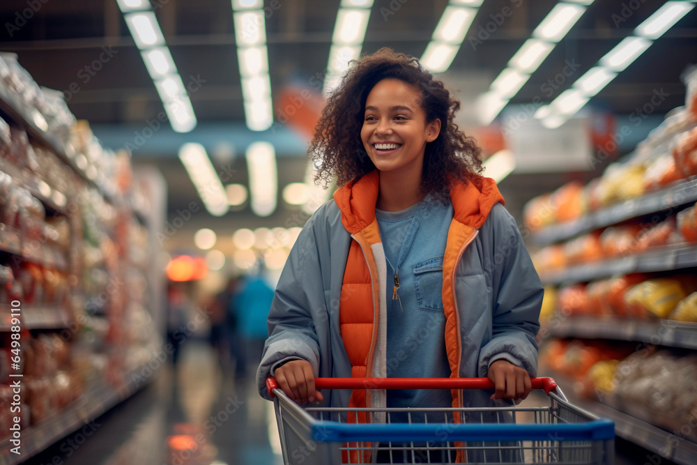 Curly woman, customer and grocery shopping cart in supermarket store, retail or mall shop. Female shopper pushing trolley in shelf aisle to buy discount groceries, sale goods and brand offers