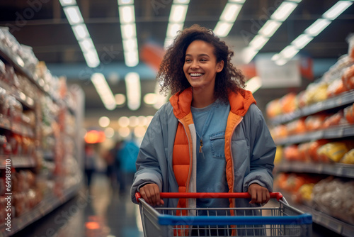 Curly woman, customer and grocery shopping cart in supermarket store, retail or mall shop. Female shopper pushing trolley in shelf aisle to buy discount groceries, sale goods and brand offers