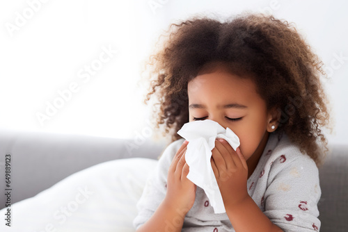 Preschool African American girl with the flu, blowing her nose using a tissue.