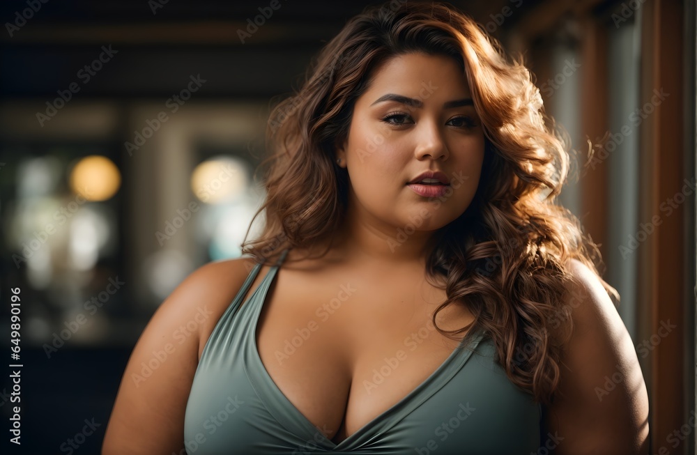 Portrait of a beautiful plus size beauty model, fashion banner with copy space text, 