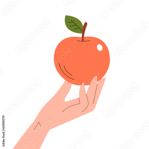 Female hand with a red apple. Young woman seduces with appetizing fruit. Sweet natural dessert. Healthy food. Flat vector illustration isolated on white background