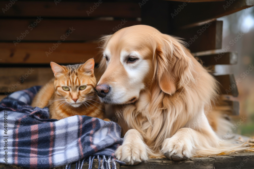 Cute ginger cat and dog lying outdoors in plaid blanket.