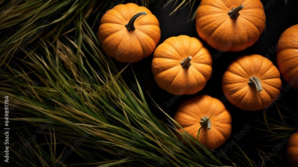 Cozy autumn flat lay: Pumpkins ? grass Cozy autumn flat lay: Pumpkins ? grass