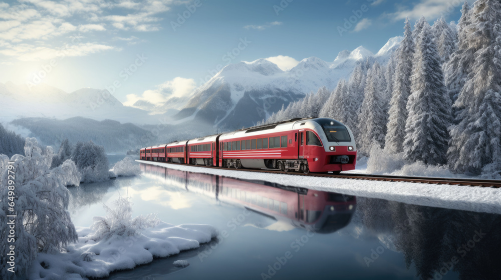 A red train travels through a winter landscape with snow A red train travels through a winter landscape with snow