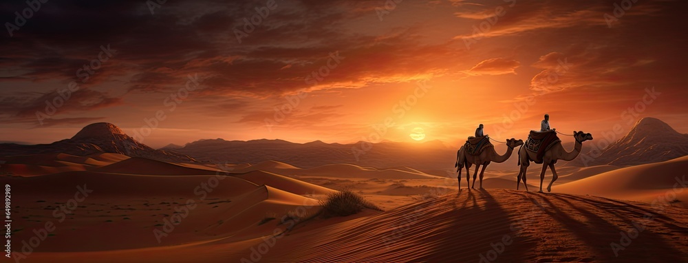 a caravan of Indian camels, led by experienced camel drivers, traversing the mesmerizing desert sand dunes at sunset. The warm hues of the setting sun should paint a stunning backdrop.