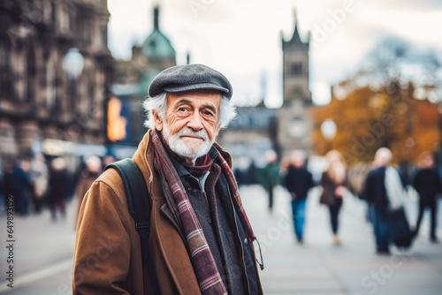 Man traveling in Edinburgh. Happy older traveler exploring in city.