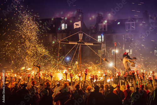 SHETLAND ISLANDS, LERWICK, SCOTLAND: Traditional burning of viking ship, Up Helly Aa festival