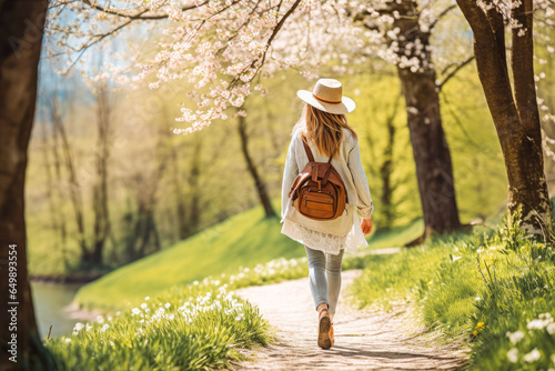 Woman taking a walk in nature in spring. Happy young female exploring nature.