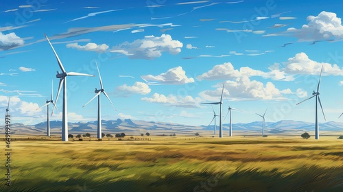 turbine prairie wind farm illustration generator sustainability, electricity energy, meadow propeller turbine prairie wind farm