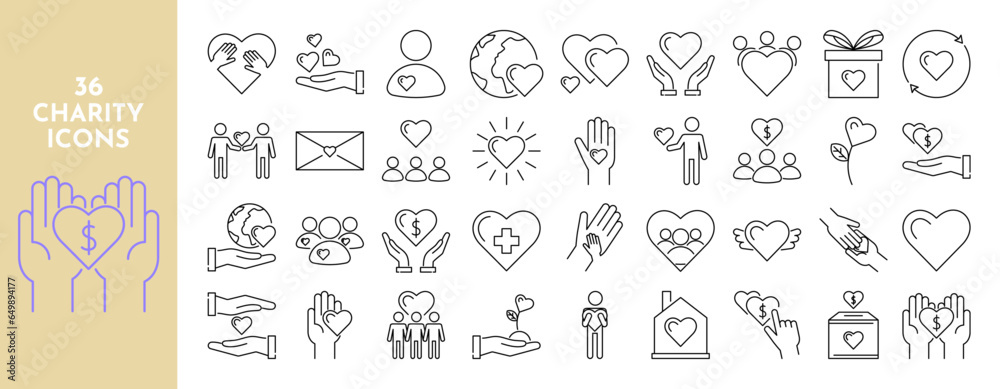 Charity line icons set. Help, money, donation, fees, people, love, friendship, mutual understanding, crowd, benefactor, kindness, happiness. Vector stock illustration.