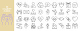 Charity line icons set. Help, money, donation, fees, people, love, friendship, mutual understanding, crowd, benefactor, kindness, happiness. Vector stock illustration.
