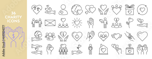 Charity line icons set. Help  money  donation  fees  people  love  friendship  mutual understanding  crowd  benefactor  kindness  happiness. Vector stock illustration.