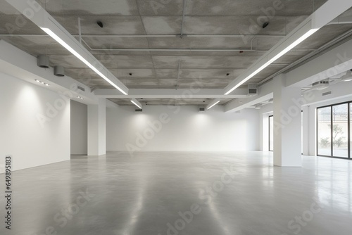 Spacious hall with empty light concrete floor, white decorated wall, and grey ceiling with airy holes. Generative AI © Calantha