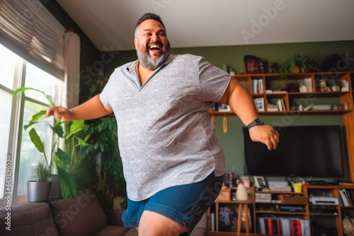 Positive hispanic plus size man dancing at home. Happiness and well being concept.