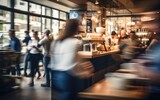 A bustling coffee shop scene with blurred customers in motion, showcasing the energy and vibe. Generative AI