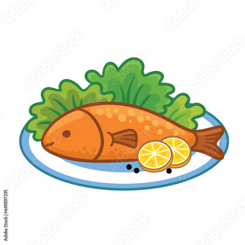 Delicious fried fish with herbs, lemon on a white plate. Vector illustration food © svaga