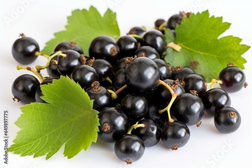 A heap of ripe black currants with a leaf missing. Generative AI