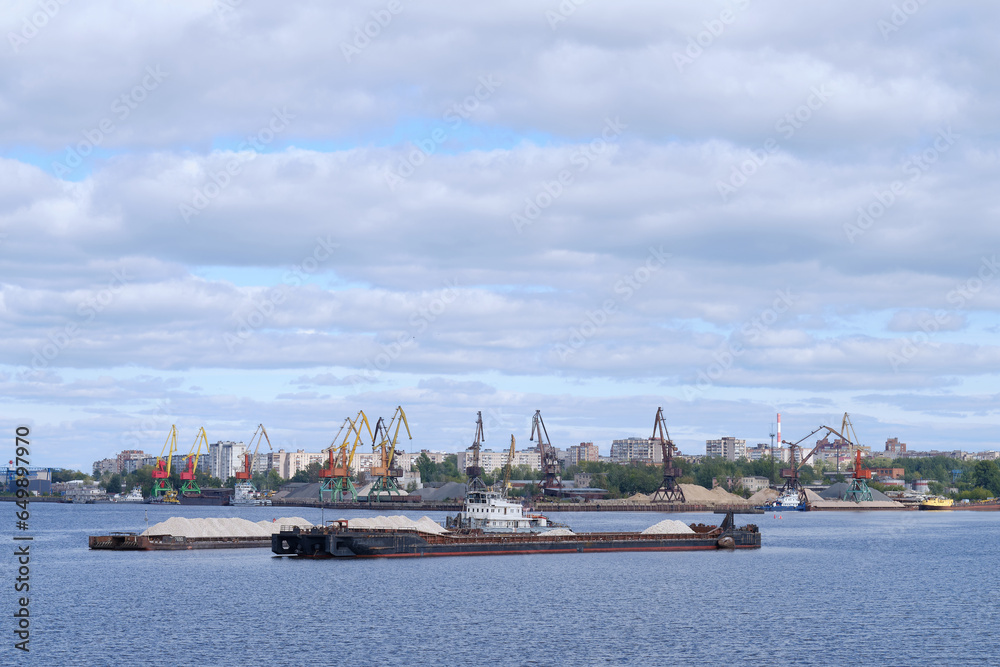 View of the river port and cargo ship