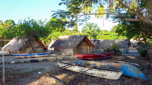 Thatched huts and canoes in Walarano traditional village, Malekula Island, Vanuatu