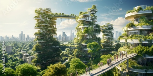 High-Tech Green Business Development Seamlessly Integrating Nature into a Modern Cityscape, Promoting Sustainable Urban Innovation, Eco-Friendly Architecture, and Green Spaces for a Futuristic world © Ben