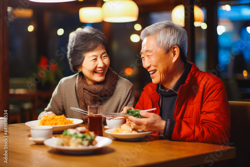 Older couple eating chinese food at restaurant. Couple on date night with delicious food. Generative AI