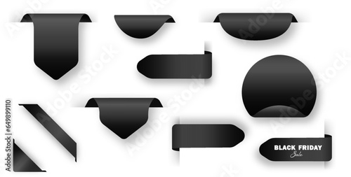 Black Friday tags collection PNG, featuring isolated ribbon sale banners. Realistic collection of black price tags, perfect for special offers and shopping discounts.