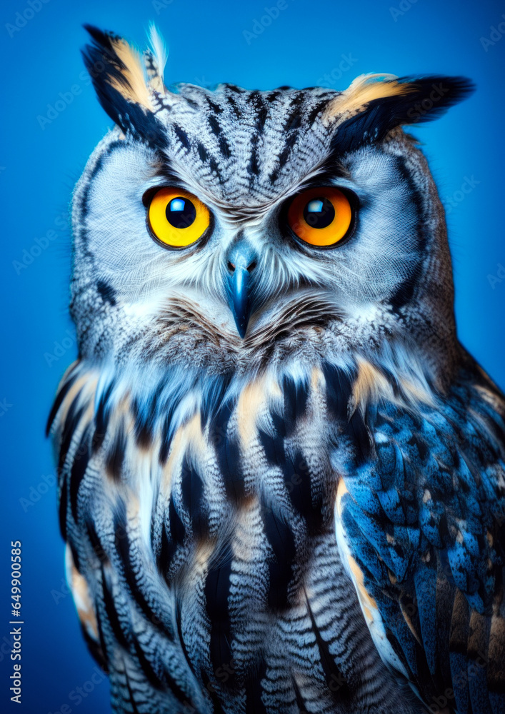 Animal portrait of a owl on a blue background conceptual for frame