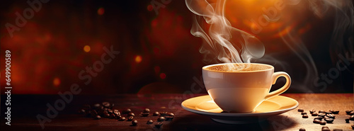 Coffee sales background with a cup of hot coffe on a dark background. For covers, banners and other projects about coffe.