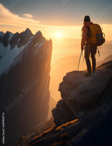 portrait of a lone hiker on a montain peak during golden hours