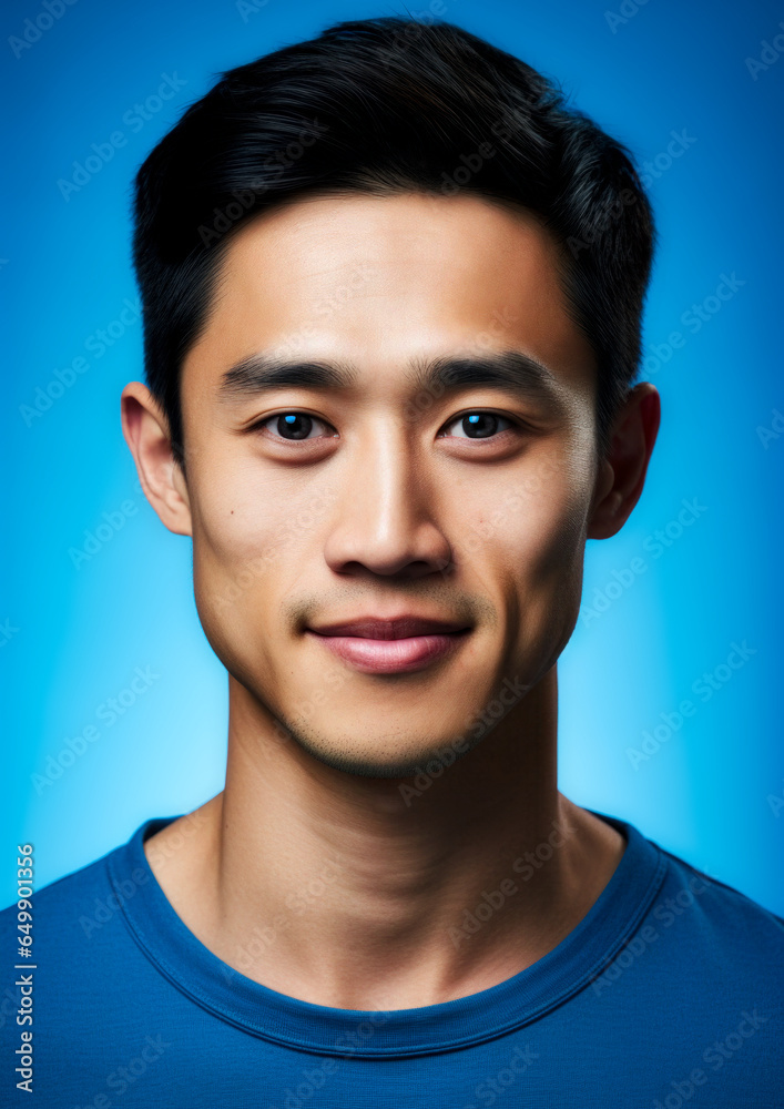 Asian man in blue clothes on conceptual blue background for frame