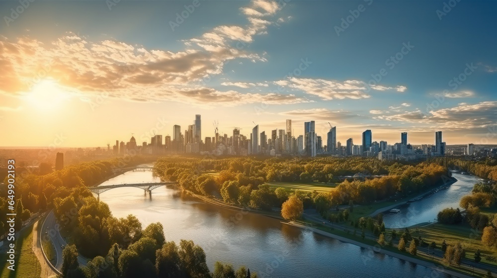 A breathtaking Moscow panorama captured at the enchanting moment of sunset in Russia. This picturesque landscape showcases the serene beauty of a city park and the charming Strogino district, nestled 