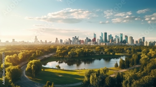 A breathtaking Moscow panorama captured at the enchanting moment of sunset in Russia. This picturesque landscape showcases the serene beauty of a city park and the charming Strogino district  nestled 