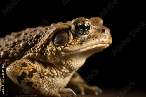 Side profile of Bufo alvarius, also known as Colorado River Toad, with mesmerizing golden eyes. Generative AI