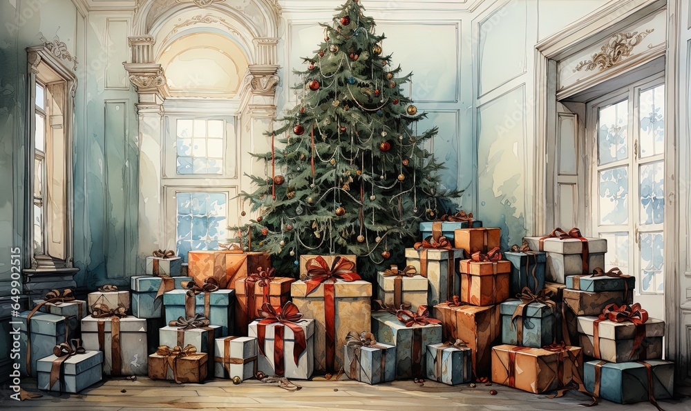 Drawing of a large living room and a large Christmas tree full of decorations with many gift boxes at its base. Generative AI