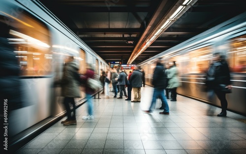 A bustling subway scene with blurred travellers in motion. Generative AI photo