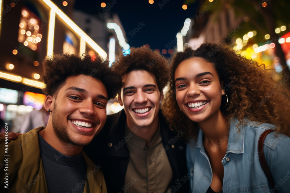 Fototapeta premium Lifestyle and friendship concept. Multi ethnic guys and girls spending time together. Happy life style friendship concept. Young multicultural people having fun time together in city. Generative AI