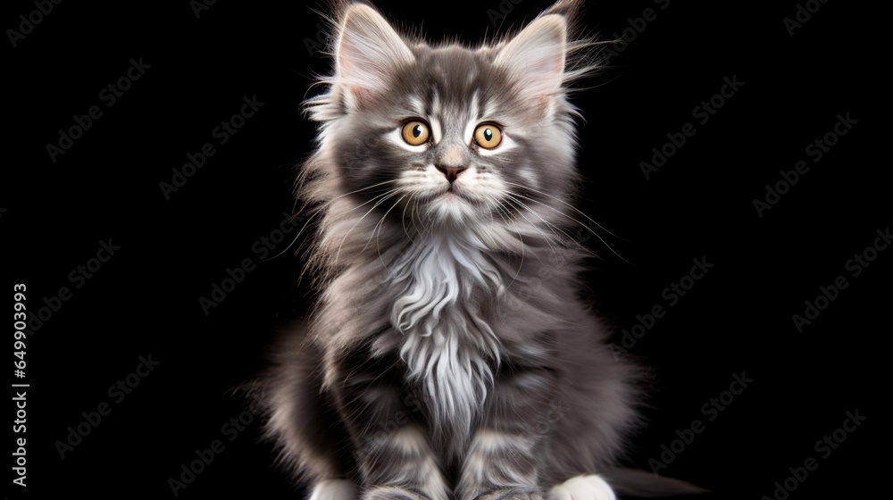  a small gray kitten sitting on top of a black floor.  generative ai