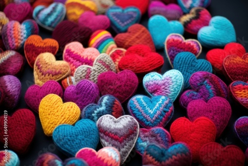 Vibrant Colorful woolen hearts. Heart craft on table. Generate Ai