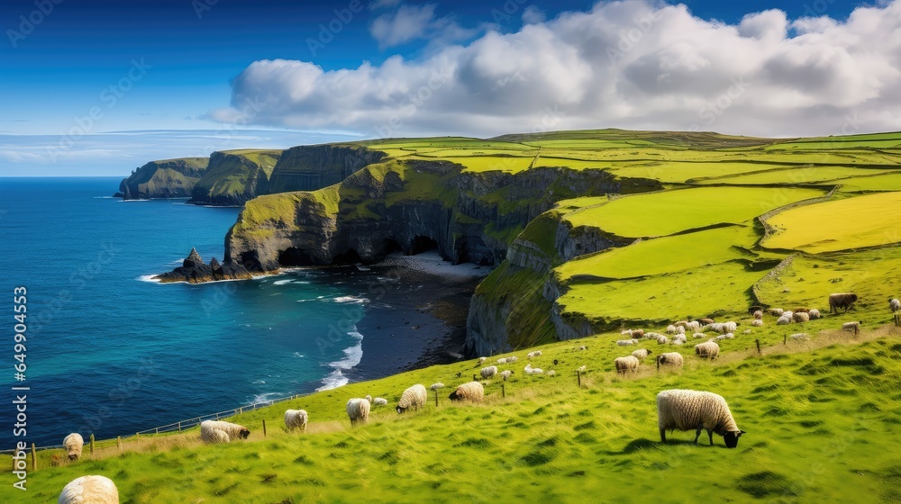 Obraz premium coastline irish coastal countryside illustration ocean coast, ireland nature, beautiful seascape coastline irish coastal countryside