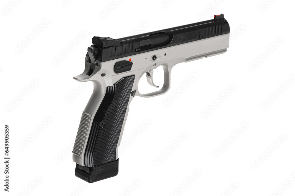 Modern silver semi-automatic pistol. A short-barreled weapon for self-defense. A small weapon for concealed carry. Isolate on a white back. Modern silver semi-automatic pistol. A short-barreled weapon for self-defense. A small weapon for concealed carry. Isolate on a white back.